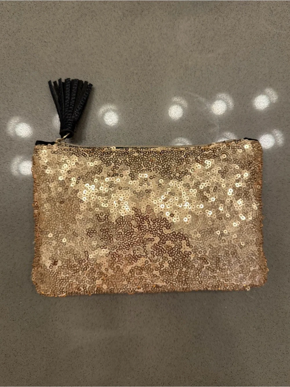 Ipsy Gold Sequin Black Faux Leather Tassel Makeup Bag Cosmetic Pouch Glam Clutch